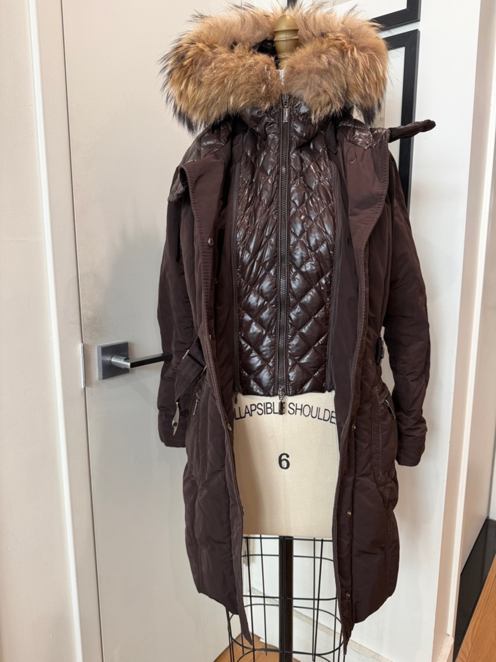 Moncler Brown Quilted Belted Trench Coat with Fur Trim Hood - Picture 8 of 9